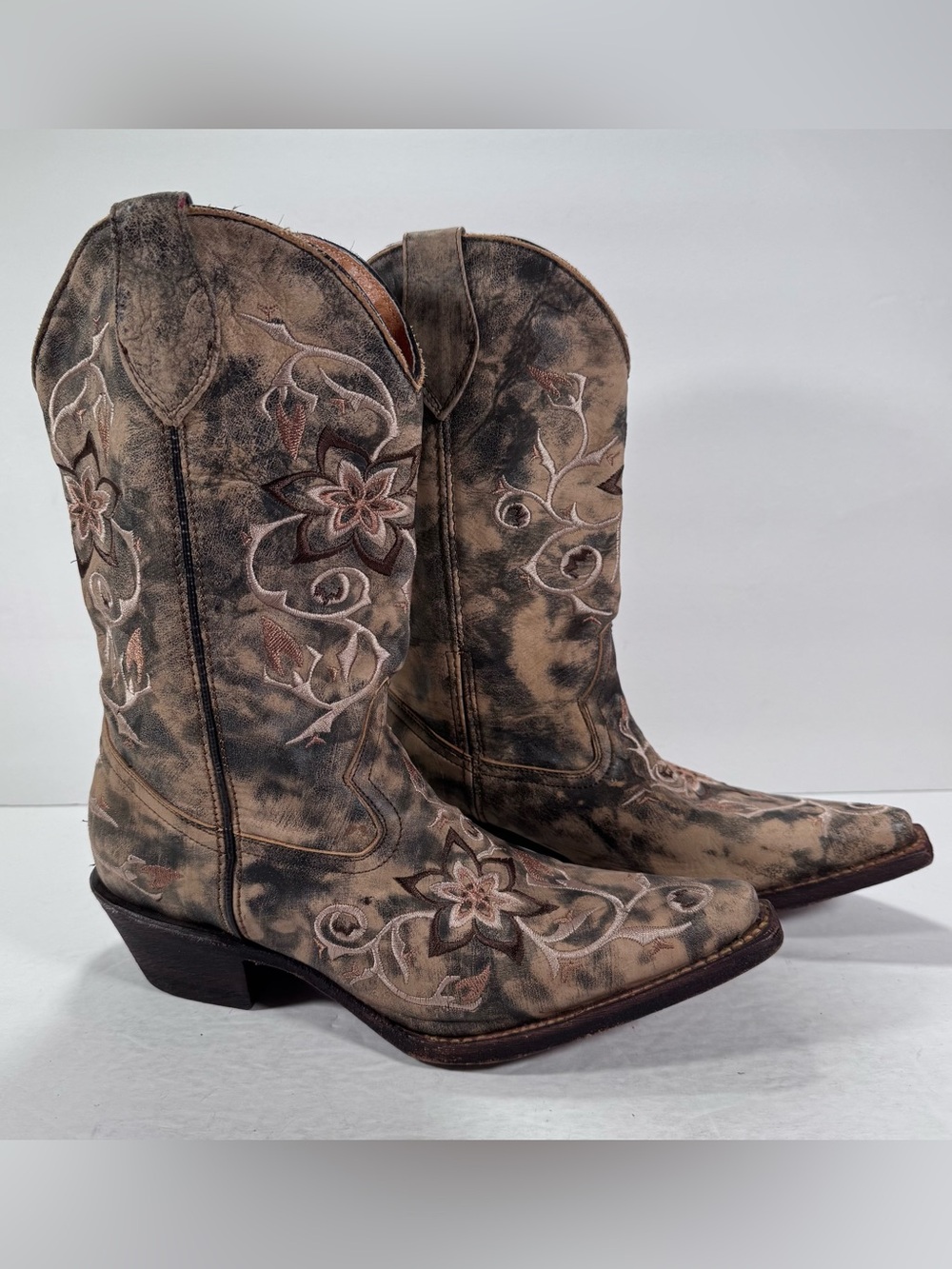 Rocky Handhewn Brown Leather Camo Floral Embroidered Western Cowgirl Boots 7.5